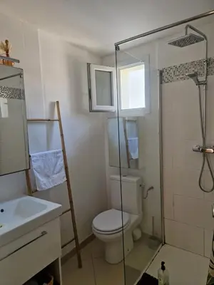 a bathroom with a shower and a toilet and a sink at Les Chênes Verts in Corte