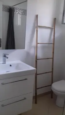 a bathroom with a sink and a toilet and a mirror at Les Chênes Verts in Corte
