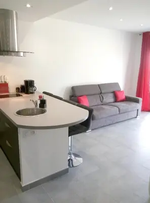 a kitchen and a living room with a couch at Appartement charmant à Olmeta di Tuda avec piscine partagée in Olmeta-di-Tuda