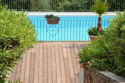 a pool with two potted plants and a fence at Residence Roc E Mare Cargèse in Cargèse