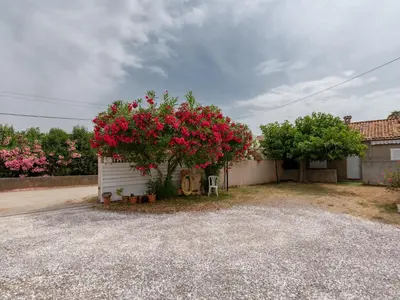 a garage with a bush of red flowers on it at Holiday Home Dami I-2 by Interhome in Santa-Lucia-di-Moriani