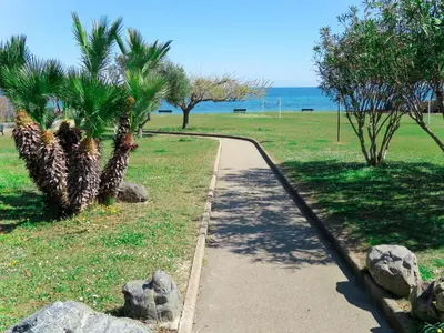 a path in a park with palm trees and the ocean at Holiday Home Villa Marie-Jo by Interhome in Cervione