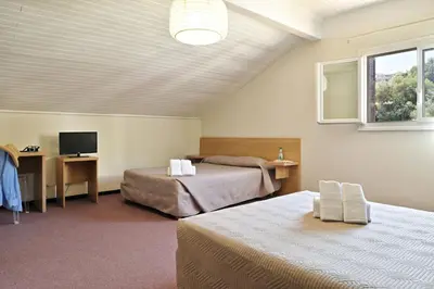 a hotel room with two beds and a television at Hôtel de Porticcio in Porticcio