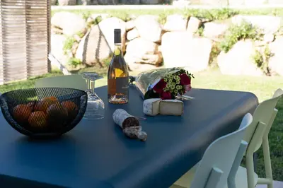 a blue table with a bottle of wine and a bowl of fruit at Residence Piatana in Olmeto