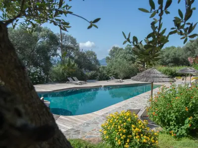 a swimming pool in a garden with umbrellas at Residence Piatana in Olmeto