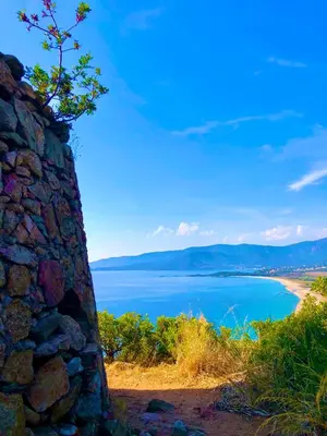 a view of a beach from a rock wall at L'armandulina in Sagone