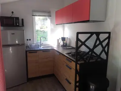 a kitchen with wooden cabinets and a white refrigerator at Camping Les Eaux Vives in Vero