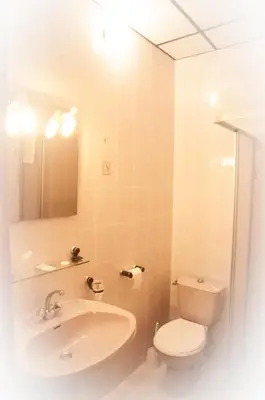 a bathroom with a white toilet and a sink at Hotel & Restaurant Le Beau Sejour in Porto Ota