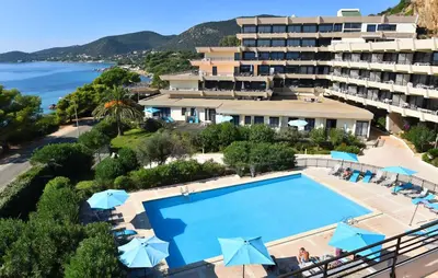 an aerial view of a resort with a swimming pool at Résidence Les Calanques in Ajaccio