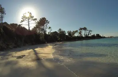a beach with the sun shining on the water at Gites Ugliastru PORTICCIO in Eccica-Suarella