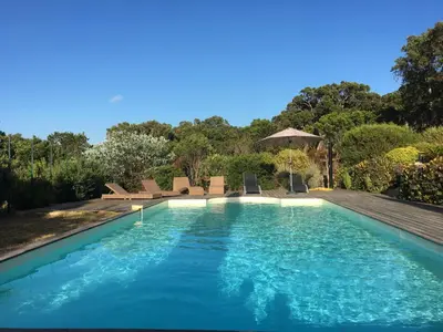 a swimming pool with blue water in a yard at Domaine les Hauts de Capicciola in Pinarellu
