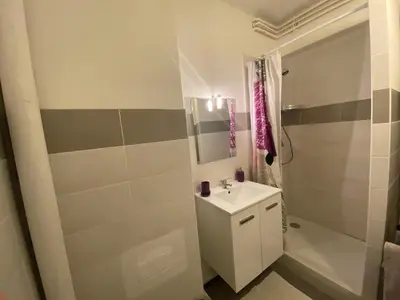 a white bathroom with a sink and a shower at Pascal Paoli in Corte