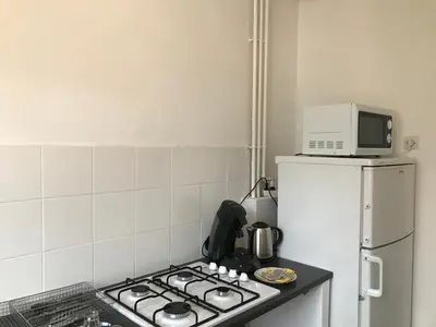 a kitchen with a stove and a microwave on top of a refrigerator at Pascal Paoli in Corte