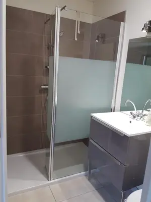 a bathroom with a shower and a sink at Casa Inde Noi in Corte
