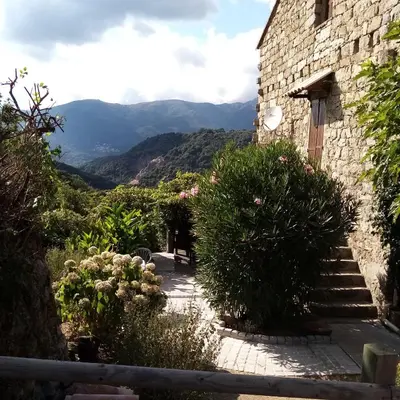 a stairway leading to a building with mountains in the background at les chalets montagne alta rocca in Zicavo