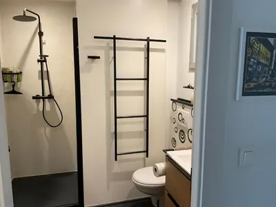 a bathroom with a toilet and a shower in it at Residence Cala Sultana -Baie Santa Giulia - rez jardin 1ere ligne in Porto-Vecchio