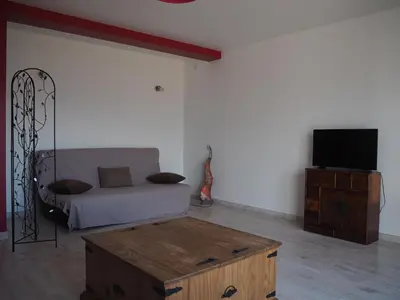 a living room with a couch and a tv at Belvedere de Sartène in Sartène