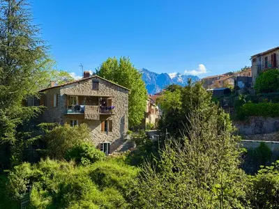 an old stone house in the middle of trees at Housica & Co. in Ucciani