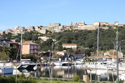 a marina with boats in the water and buildings at Les Roches Blanches in Porto-Vecchio