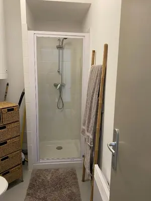 a bathroom with a shower with a glass door at Panate in Corte