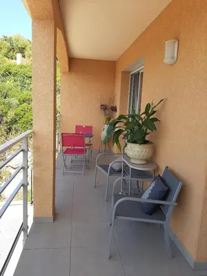 a balcony with chairs and a table with a potted plant at Residence Sejoina in Calcatoggio
