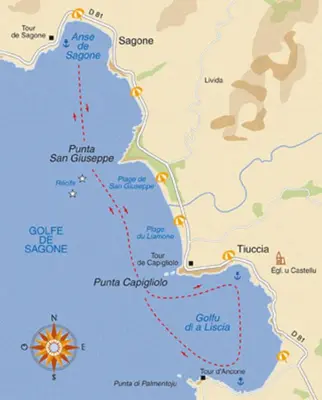 a map of the route of a wine tasting in panna cotta at Residence Sejoina in Calcatoggio