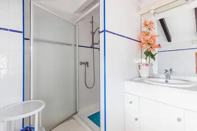 a bathroom with a shower and a sink at Studio Le Petit Nid d'Amour meublé Tourisme 3 étoiles Poggio in Santa-Lucia-di-Tallano