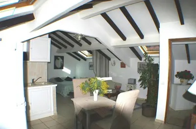 a kitchen and dining room with a table with a vase of flowers at Studio Le Petit Nid d'Amour meublé Tourisme 3 étoiles Poggio in Santa-Lucia-di-Tallano