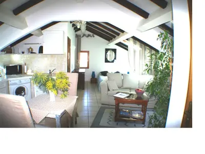 a living room with a couch and a table at Studio Le Petit Nid d'Amour meublé Tourisme 3 étoiles Poggio in Santa-Lucia-di-Tallano