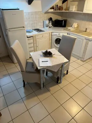 a kitchen with a table and chairs and a refrigerator at Studio Le Petit Nid d'Amour meublé Tourisme 3 étoiles Poggio in Santa-Lucia-di-Tallano