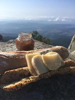 a slice of bread and a jar of honey on a mountain at Ferme de Roccapina in Sarragia