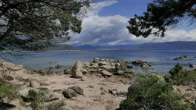 a group of rocks on a beach near the water at Les Figuiers in Porto Pollo