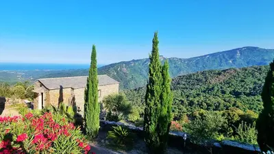 a house with cypress trees in front of a mountain at Domaine Colonna-Santini Gîte avec Piscine & Spa, Vue Mer et Montagnes in Porri