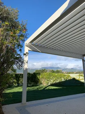a pool with palm trees and a mountain in the background at L'Hacienda Piscine chauffée à 28, spa, boulodrome et court de Tennis privés, 2 villas indépendantes in Porto-Vecchio