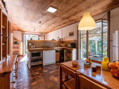 a kitchen with wooden ceilings and a table in a room at Holiday Home Svyntha by Interhome in Prunelli-di-Fiumorbo