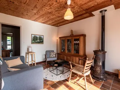 a living room with a couch and a stove at Holiday Home Svyntha by Interhome in Prunelli-di-Fiumorbo