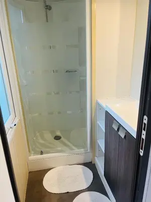 a bathroom with a glass shower and a sink at Les Bergeries de Petralonga in Sotta