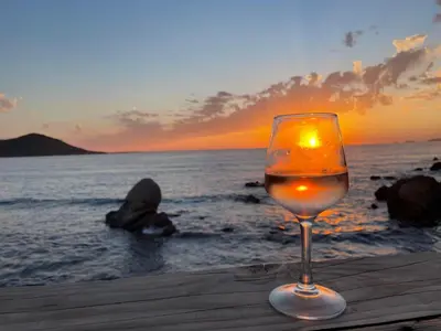 a glass of wine sitting on a table next to the ocean at Casa Nelly in Porticcio