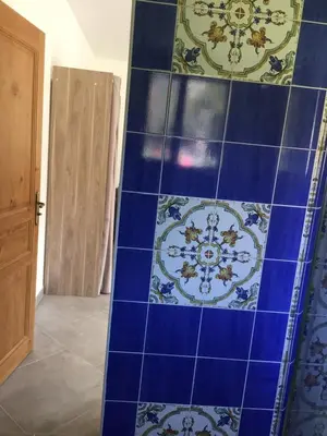 a blue and white tile wall in a room at Ernella in Aléria