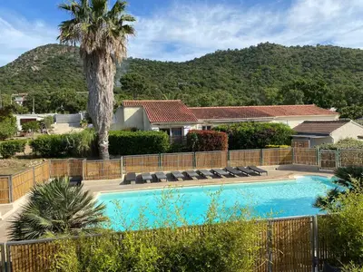 a swimming pool with chairs and a palm tree at Marina Di Fautea in Olmucciu