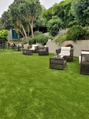 a group of chairs sitting on a lawn at Hotel Maquis et Mer in Sari Solenzara
