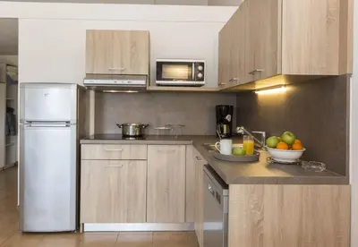 a kitchen with a refrigerator and a bowl of fruit at Résidence Odalys Stella di l'Aria in Tizzano