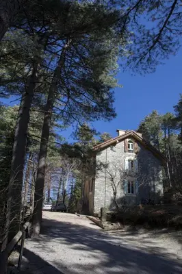 a small stone house with trees in front of it at Casa Alta in Vizzavona