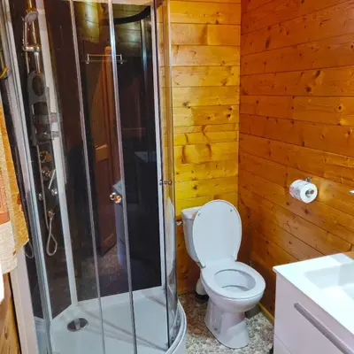 a bathroom with a toilet and a shower at Funtana a l'Ora in Porto Ota