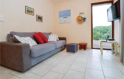 a living room with a couch and a television at Three-Bedroom Holiday Home In Calcatoggio in Calcatoggio