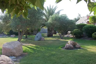 a garden with rocks in the grass and trees at Studio Cartarana in Bonifacio