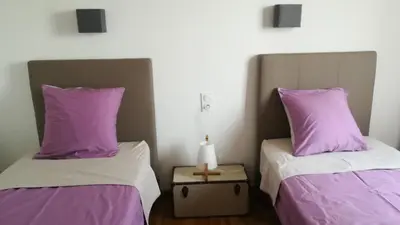 two beds with purple pillows and a lamp on a table at Rinasce In Corsica in Poggio-di-Venaco