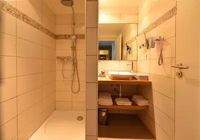 a bathroom with a shower and a sink at Hôtel Abbartello in Olmeto