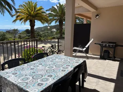 a table and chairs on a balcony with palm trees at Cardellini 4 in Sari Solenzara