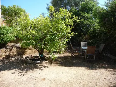 a table and chairs sitting under a tree at Corse Villa Porticcio vue Mer in Porticcio